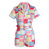 Small Set Collared Plaid Printed Contrast Color Romper